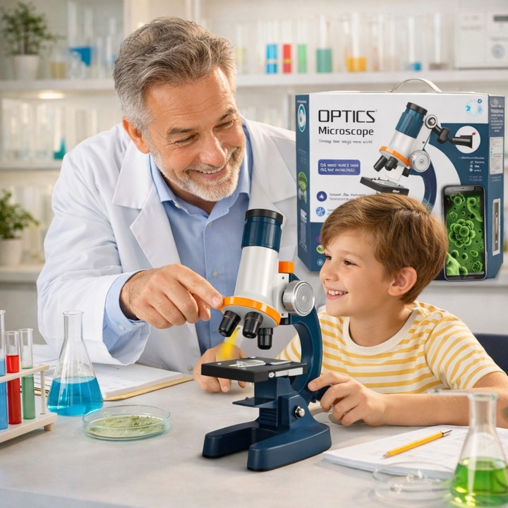 Microscop Stiinfic Multifunctional MicroStar idealSTOREM, Dimensiuni 20 x 12 x 7,5 cm, 3 Trepte de Marire, 100/400/1200, Sursa de Lumina, Inaltime Reglabila, Suport pentru Telefon, Include, 2 Eprubete, 2 Preparate gata facute, Pensula, 4 Lame