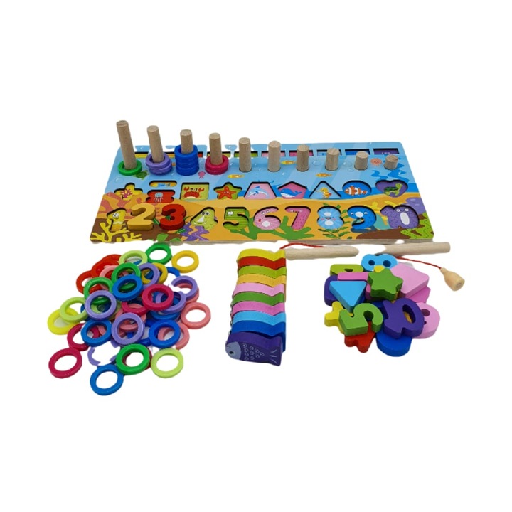Joc educativ din lemn cu cifre, pestisori si cercuri, dimensiune 30.5cm x 15.5cm x 4cm, REC2900
