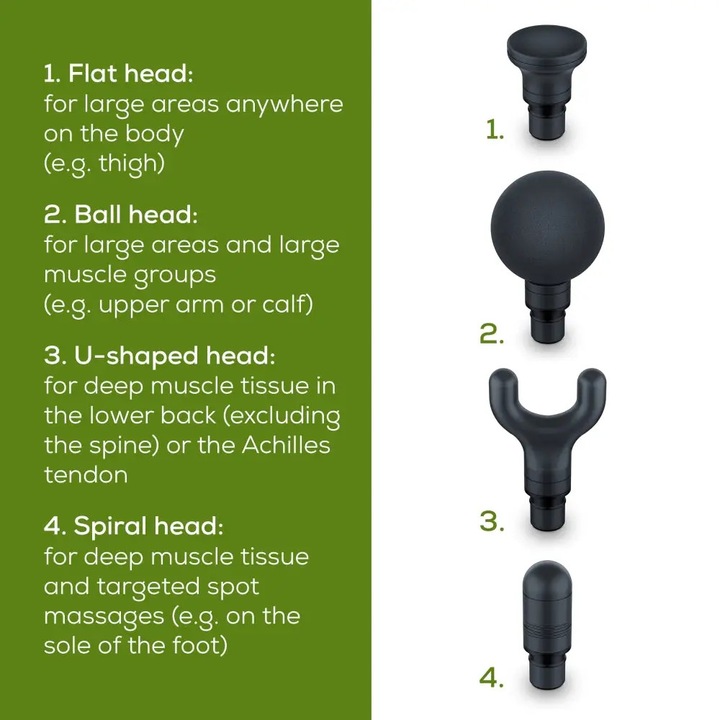 Pistol de masaj Beurer MG 99, 4 accesorii, 5 viteze, indicator de nivel baterie, autonomie 5 ore, Negru/Auriu