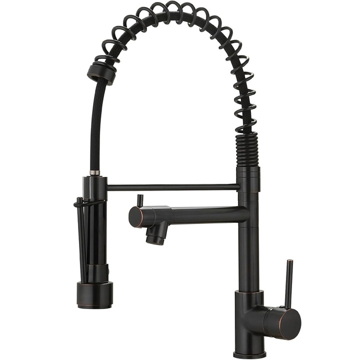 Кухненски кран Elindor®, обработено с масло бронзово покритие, модерна пружина, с изтегляща се дюза и пълнител за тенджера, въртене на 360°, единичен лост, лесен монтаж на плот