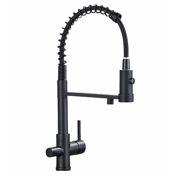 Baterie bucatarie cu 3 cai, Iesire pentru Filtru de Apa Purificata, Dus Extractibil, Doua Tipuri de Jet, Racorduri Incluse, Alama, Negru mat, Rain Drop de la Robinetul Meu