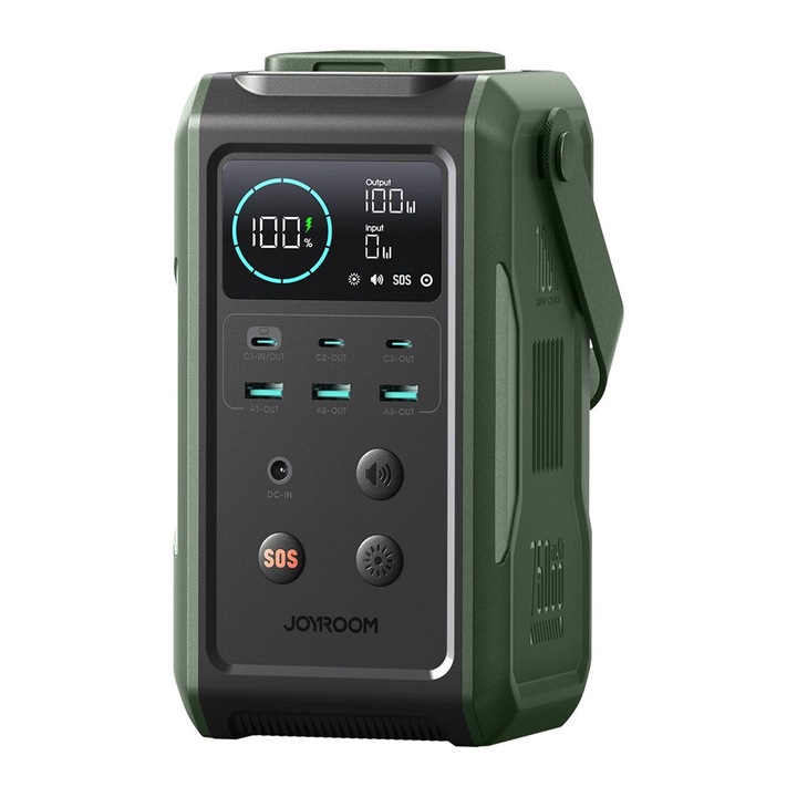 Външна батерия Joyroom JR-PBF10, 75000mAh, 100W, 3xUSB-C, 3xUSB-A, със сгъваем фенер, зелен