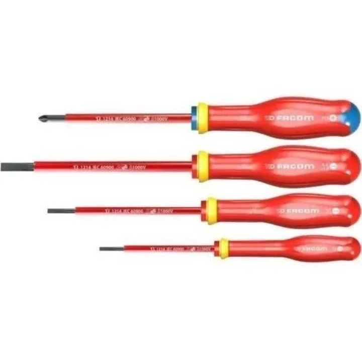 Комплект от 4 отвертки изолирани на 1000V, Facom, пластмасови, червени