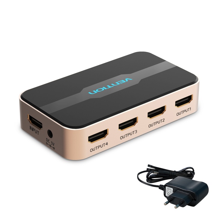 HDMI сплитер 1x4, VENTION, 4K@30Hz, 1 In 4 Out, Алуминиева сплав