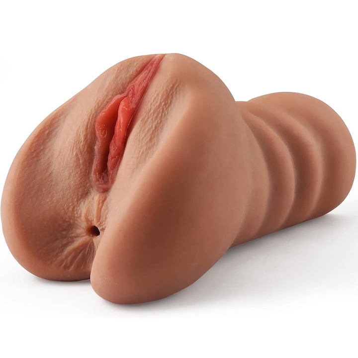 Masturbator 2 in 1 ultra-realistic, jucarii sexuale, vagin artificial, pasarica de buzunar pentru barbati, vaginal si anal, cu striatii 3D, design anatomic, rezistent la apa, maro