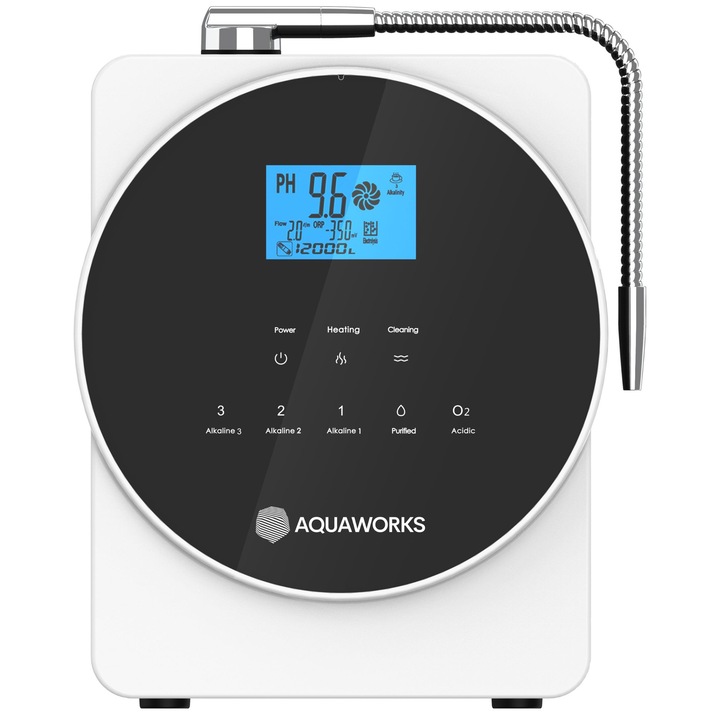 Йонизатор за алкална вода AquaWorks™, 11 титаниеви плочи, филтриране и подгряване на вода, pH 3.5–10.5, включен филтър с активен въглен, цветен дисплей и сензорно управление, функция за самопочистване, ORP от +700 до -600 mV, монтаж на плот или стена, бял