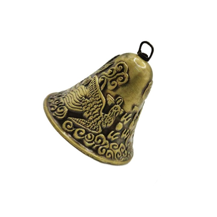 Камбана, Златист дракон и феникс, Класически, Ръчна изработка, Носи късмет, Молете се за благословии, Метален фън шуй лек, 62 mm дължина