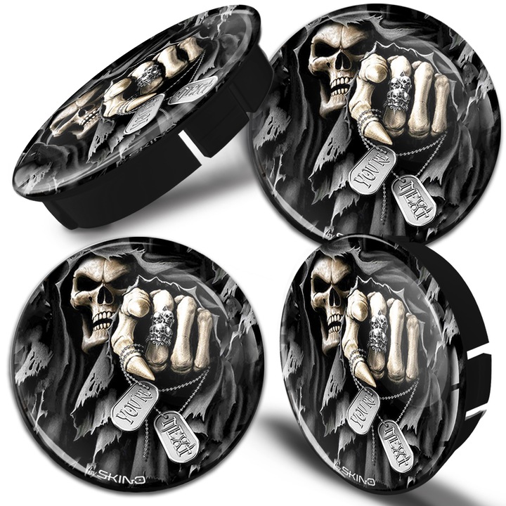 Kupak készlet alufelnihez SkinoEu, külső átmérővel 60mm, belső átmérővel 56mm, alumínium keréktárcsákhoz, Univerzális, Fekete, Skull, C 13, 4db