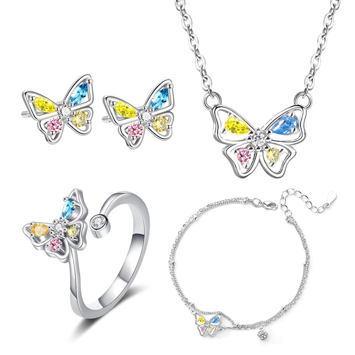 Női nyaklánc, nyaklánc (40+5cm), karkötő (16,5+3,5cm), fülbevaló és gyűrű színes cirkónia pillangókkal.