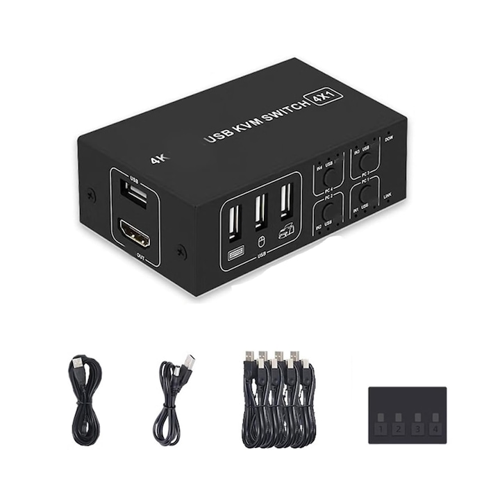 Switch KVM HDMI, Axroad Mall, Comutator USB 4K@60Hz cu 4 intrari 1 iesire HDMI 2.0 si 3 porturi KVM USB, Plug and play, Nicio intarziere, Plastic, 11 x 6 x 3.3cm, Negru