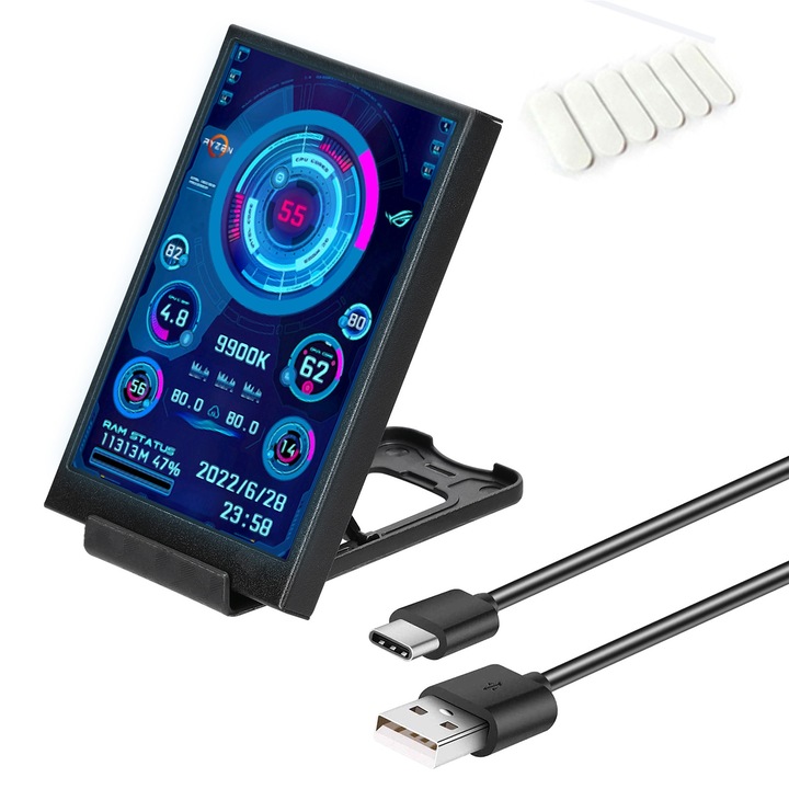 Mini Display Gaming PC IPS 3.5 Inch, Axroad Mall, Monitorizare Temperatura si Performanta gpu, procesor, hard, retea, usb, Usor de folosit, Comutati intre ecranele orizontale si cele verticale, Ecran extins gazda, Negru