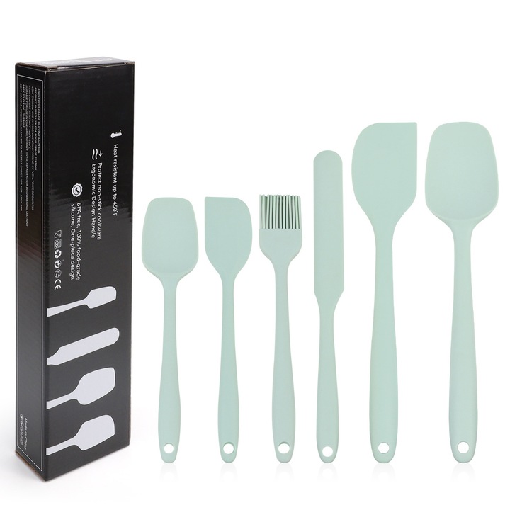Set 6 ustensile de bucatarie din silicon, Axroad Mall, Rezistent la caldura si usor de curatat, Cu orificiu de agatat si maner ergonomic, Design dintr-o singura bucata, Pentru coacere, gatire si amestecare, Verde