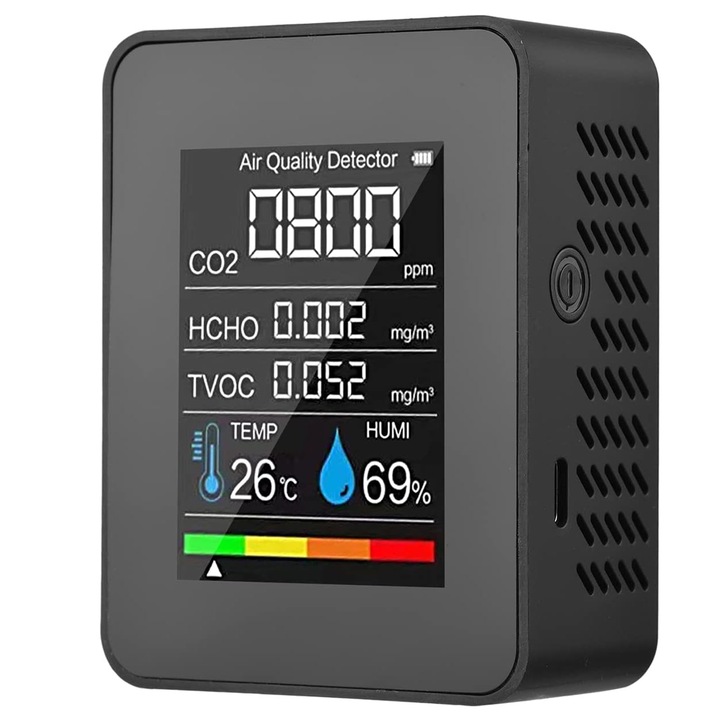 Monitor Calitate Aer Premium, Axroad Mall, 5 in 1Portabil, Detector CO2 dioxid de carbon, TVOC compusi volatili, HCHO formaldehida, Temperatura, Umiditate, Reincarcabil USB, Aplicatie Tuya, ABS, 9x7x3.5cm, Negru