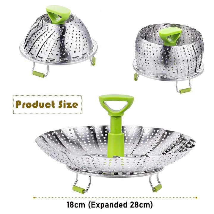 Cos expandabil, Axroad Mall, Design pliabil, Cu un maner retractabil din plastic, Rezistent la zgarieturi si la coroziune, Pentru paste si pentru gatit legume la aburi, Otel inoxidabil, Verde/Argintiu
