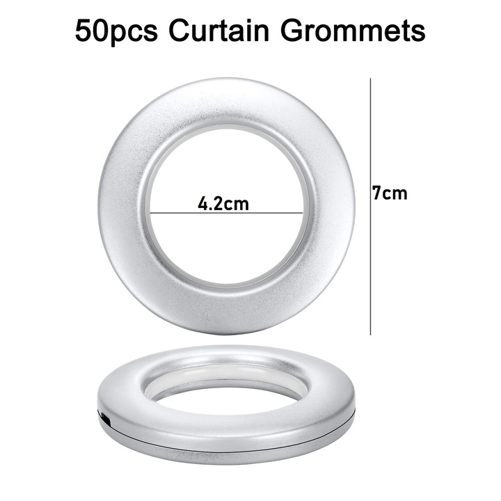 Set 50 Inele tip capsa pentru perdele si draperii, Axroad Mall, Inel silentios la scara nanometrica incorporat, Usor de instalat si indepartat, Plastic, 42 mm, Argintiu