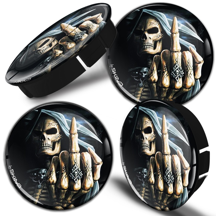 Kupak készlet alufelnihez SkinoEu, külső átmérővel 60mm, belső átmérővel 56mm, alumínium keréktárcsákhoz, Univerzális, Fekete, Skull, C 25, 4db
