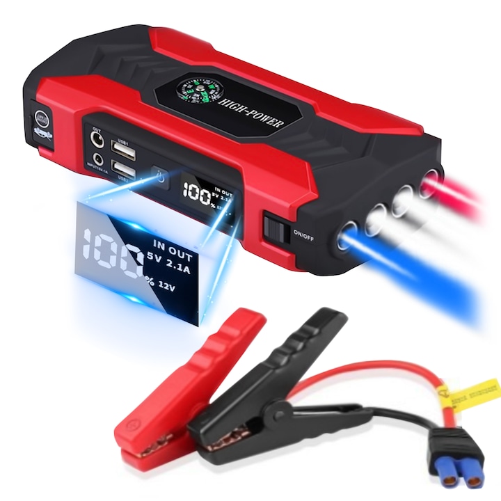 Стартер за кола, Мултифункционален, авариен старт на кола, интегрирано мобилно захранване, фенерче, аварийна светлина, интелигентна защита, интелигентен с цифров дисплей, Nantaisun