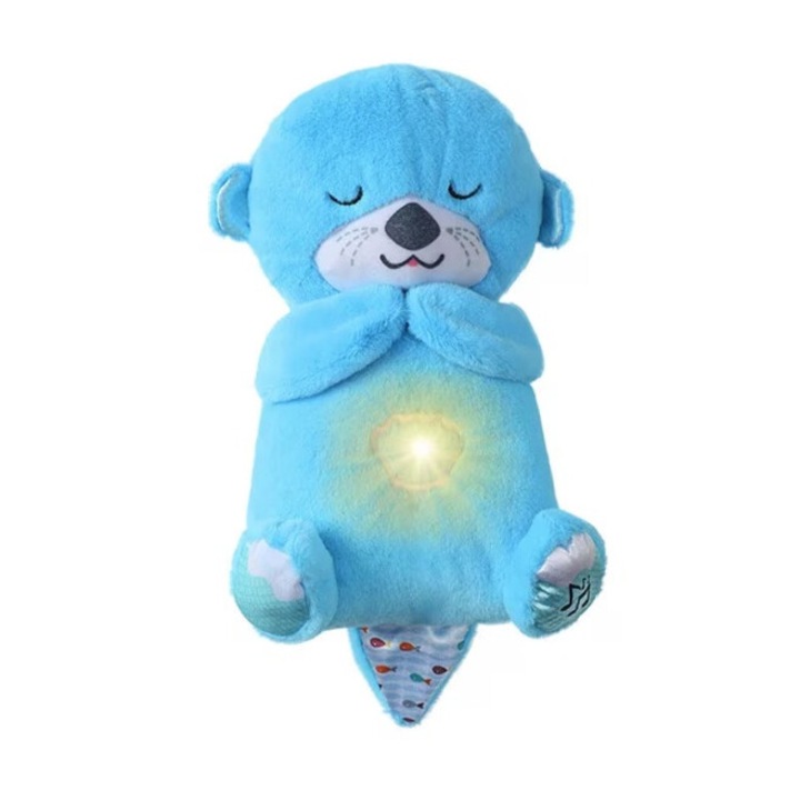 Jucarie interactiva Vidra de plus cu efecte luminoase si muzicale, care respira si calmeaza copilul, Bleu