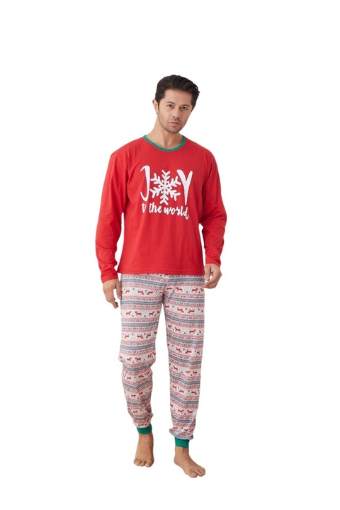 Férfi karácsonyi pizsama, hosszú ujjú, hosszú nadrág, hópehely mintás, Piros