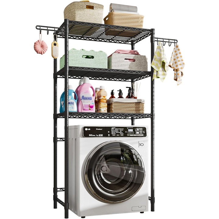 Mosógép feletti tárolópolc, Uptyia, 3 szintes, fekete, 89x34x192cm