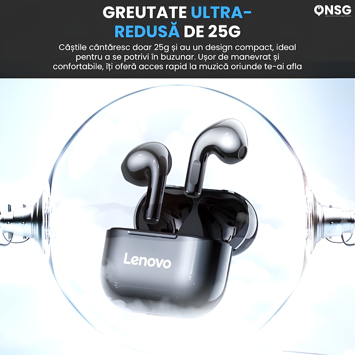 Lenovo ONSG vezeték nélküli fejhallgató, Bluetooth 5.0, LivePods, 300 mAh akkumulátor, LP40, fekete