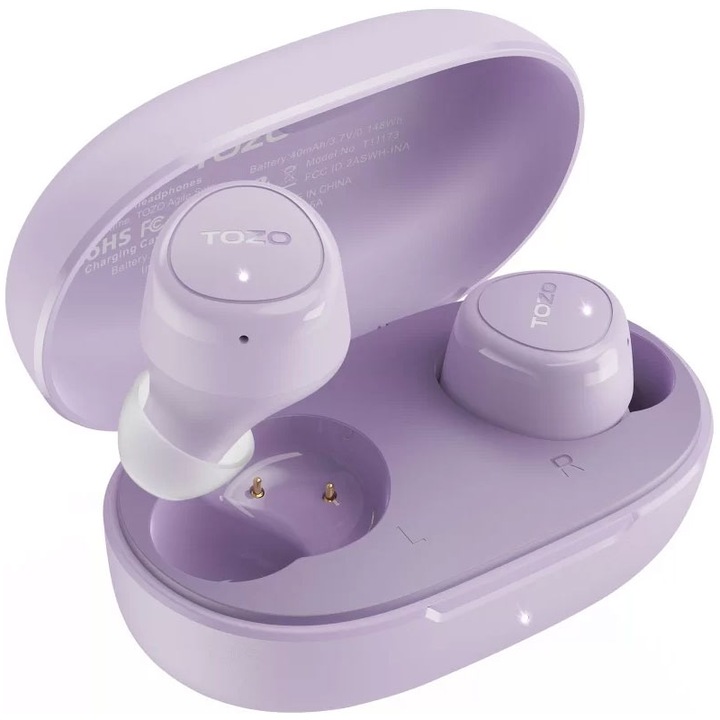 Casti In-Ear True Wireless TOZO® AgileSolo Stereo Sound ORIGX, 16 Moduri EQ, Noise Reduction, Autonomie 23h, Confort Fit, Bluetooth 5.3, Auto Connect, Touch Control, Microfon HD, IPX8, Meteor Purple