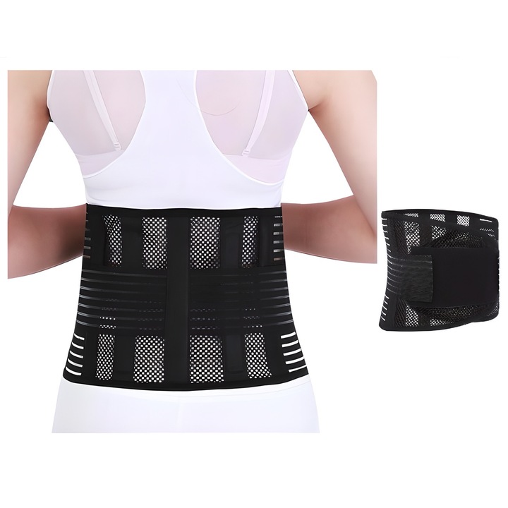 Suport lombar ortopedic, negru, design cu Velcro, nylon, S