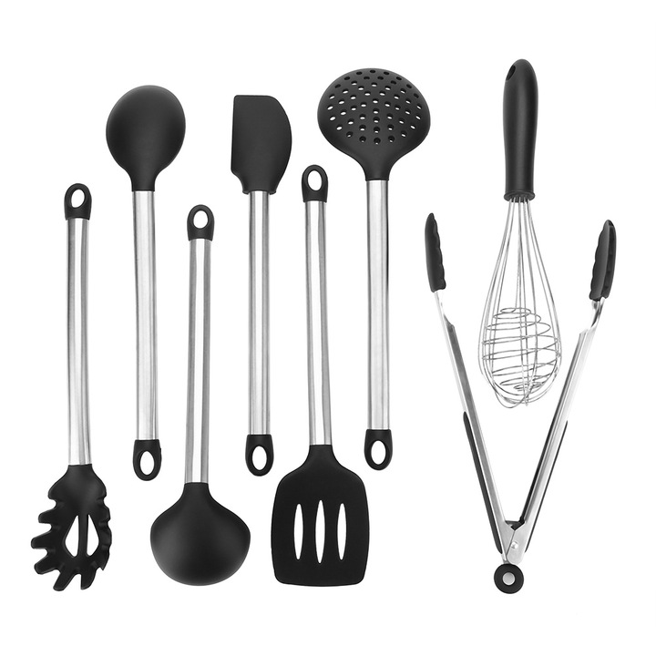Set 8 ustensile de Bucatarie din Silicon cu Maner din inox, Negru si Argintiu