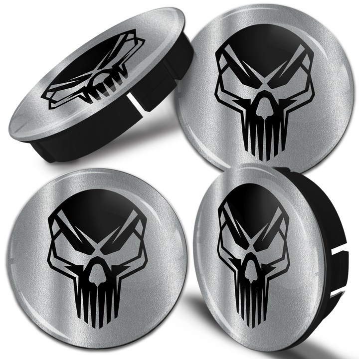 Set capace roti SkinoEu, diametru exterior 60 mm, diametru interior 56 mm, pentru jante din aliaj, universale, negru/argintiu, craniu, C 35, 4 buc.