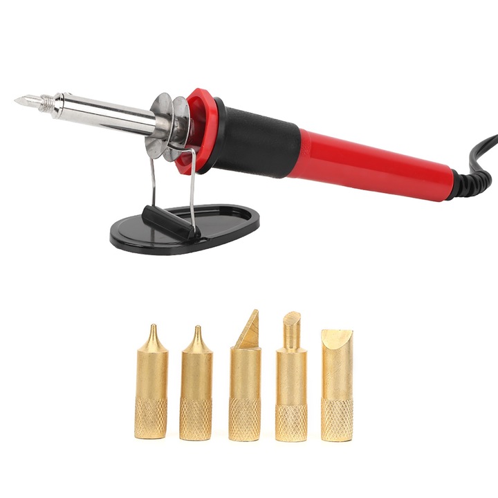 Set pistoale de lipit, 7 piese, pena electrica pentru ardere, 30W, 110V, maner din cauciuc, 5 capete schimbabile