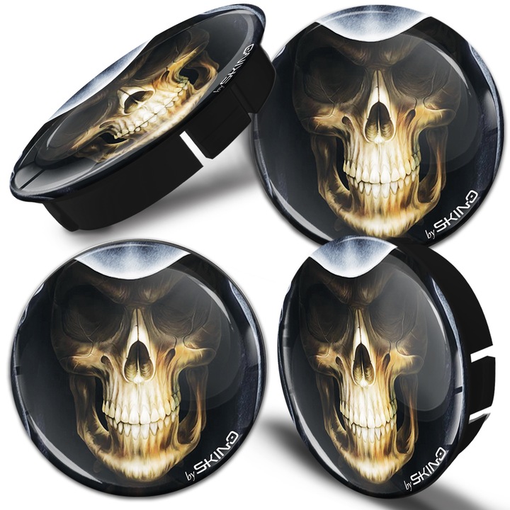 Kupakkészlet alufelnihez SkinoEu, külső átmérővel 60mm, belső átmérővel 56mm, alumínium keréktárcsákhoz, Univerzális, Fekete, Skull, C 39, 4db