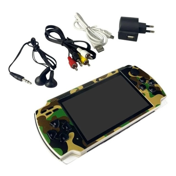 Consola cu 300 de jocuri incluse, dimensiunea ecranului de 4,3 inci, memorie 2 GB, cu slot de card micro SD, senzor giroscopic, army, verde