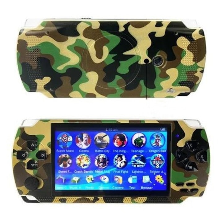 Consola cu 300 de jocuri incluse, dimensiunea ecranului de 4,3 inci, memorie 2 GB, cu slot de card micro SD, senzor giroscopic, army, verde