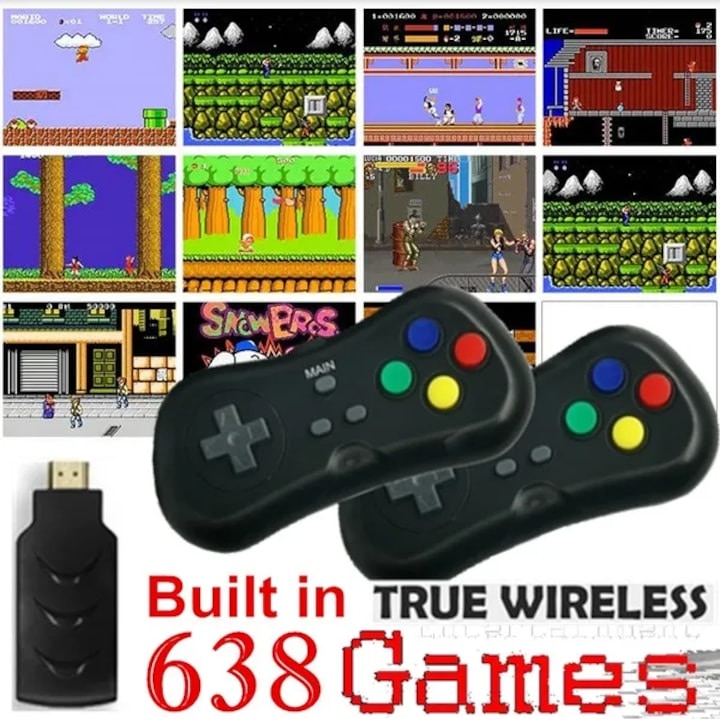 Consola de jocuri, wireless, HDMI, cu 620 de jocuri incluse, cu 2 manete si stick, portabila, functionare cu baterii, negru