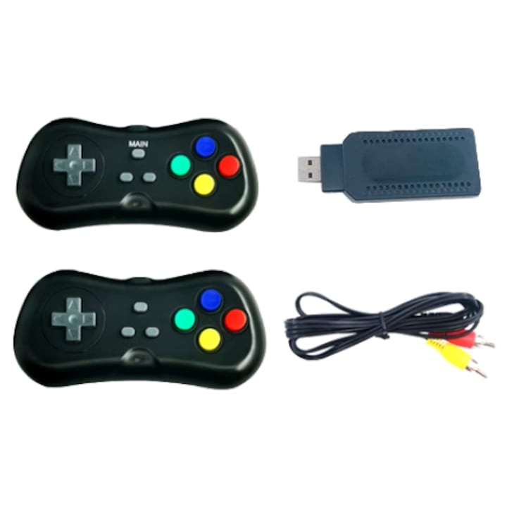 Consola de jocuri, wireless, HDMI, cu 620 de jocuri incluse, cu 2 manete si stick, portabila, functionare cu baterii, negru