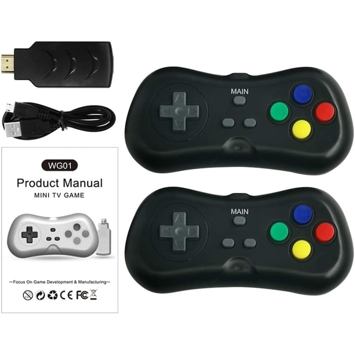 Consola de jocuri, wireless, HDMI, cu 620 de jocuri incluse, cu 2 manete si stick, portabila, functionare cu baterii, negru