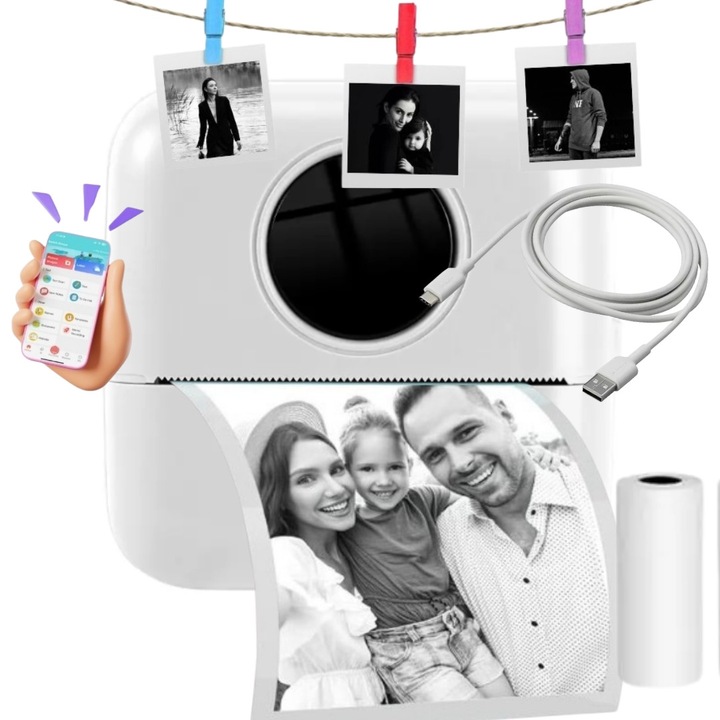 Mini imprimanta portabila SMARTIC®, Bluetooth, aplicatie dedicata IOS/Android, printare termica, baterie 800 mAh, design compact, alb mat