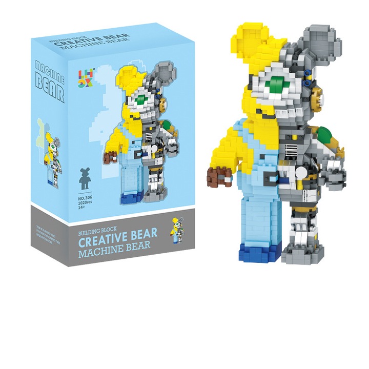 Jucarii cu blocuri de constructie, Set de constructii, Urs mecanic, 1020 de piese, Fudisenn®, Decoratiuni interioare, Relaxare, Stimularea creativitatii, Pentru copii peste 14 ani, ABS, Galben/Gri
