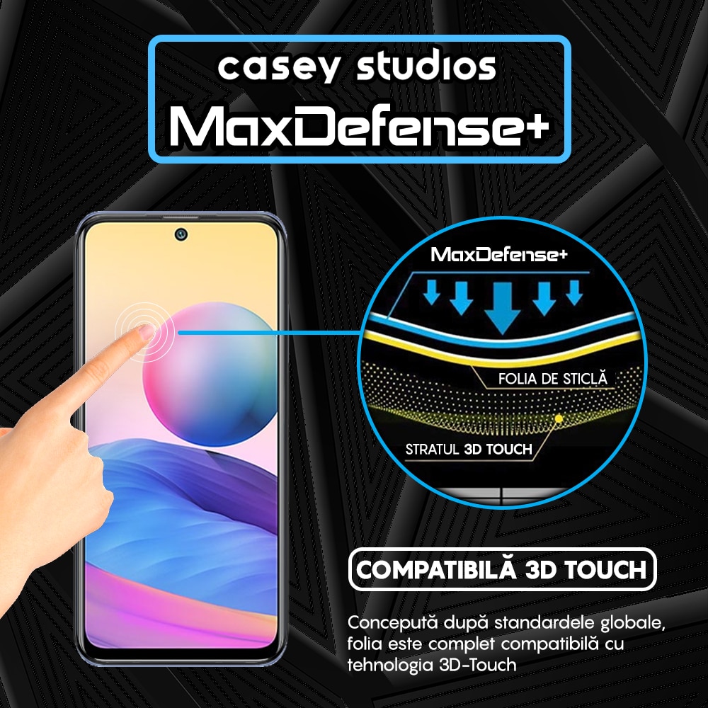 Folie Sticla CASEY STUDIOS™ compatibila cu Xiaomi Redmi Note 10 5G, Full Cover 3D, Full Glue, Duritate Militara, Ultra HD, Anti Zgarieturi, Anti Amprente, Anti Socuri, Margini Negre