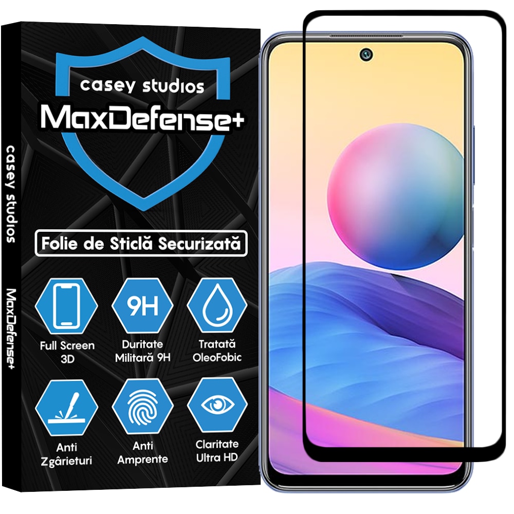 Folie Sticla CASEY STUDIOS™ compatibila cu Xiaomi Redmi Note 10 5G, Full Cover 3D, Full Glue, Duritate Militara, Ultra HD, Anti Zgarieturi, Anti Amprente, Anti Socuri, Margini Negre