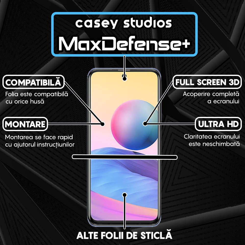 Folie Sticla CASEY STUDIOS™ compatibila cu Xiaomi Redmi Note 10 5G, Full Cover 3D, Full Glue, Duritate Militara, Ultra HD, Anti Zgarieturi, Anti Amprente, Anti Socuri, Margini Negre