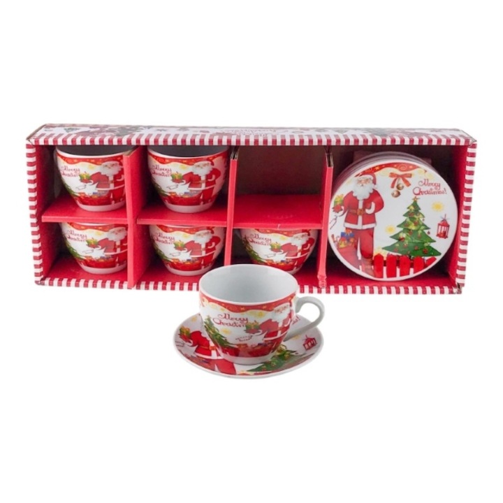 Set din ceramica format din sase cesti cu farfurii cu imagini de Craciun, 42x15 cm M5