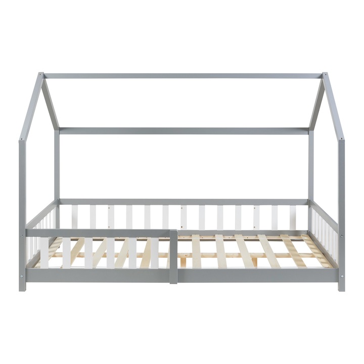Pat copii, en.casa, PXSD-0028 Hesel, 200x120 cm, lemn, pal, gri, 120 kg, cu grilaj protectie, forma casuta