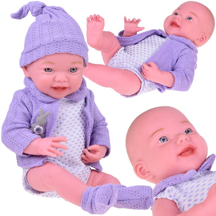 Mosolygó baba lila pulóverben + sapka 40 cm