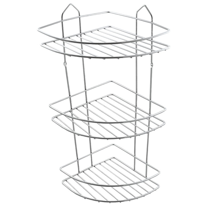 Etajera pentru baie, din metal, pe colt, trei rafturi, crom lucios, 210 x 210 x 530 mm