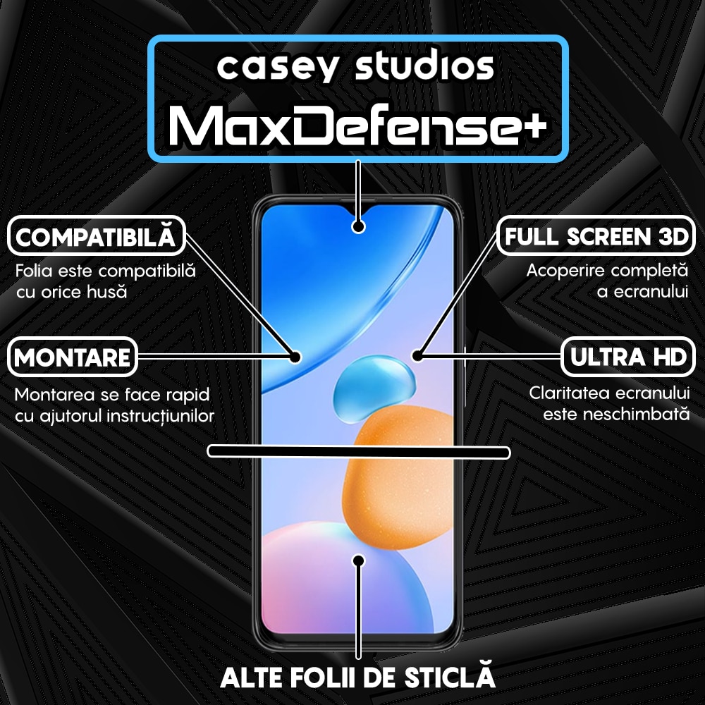 Folie Sticla CASEY STUDIOS™ compatibila cu Xiaomi Redmi 10 5G, Full Cover 3D, Full Glue, Ultra HD, Anti Zgarieturi, Anti Amprente, Anti Socuri, Margini Negre