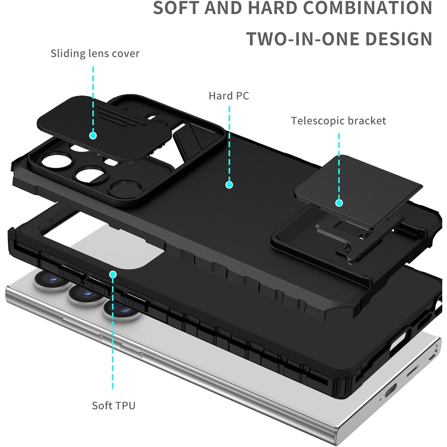 Husa telefon, pentru Samsung Galaxy S22 Ultra Fereastra glisanta, suport inovator, Negru mat