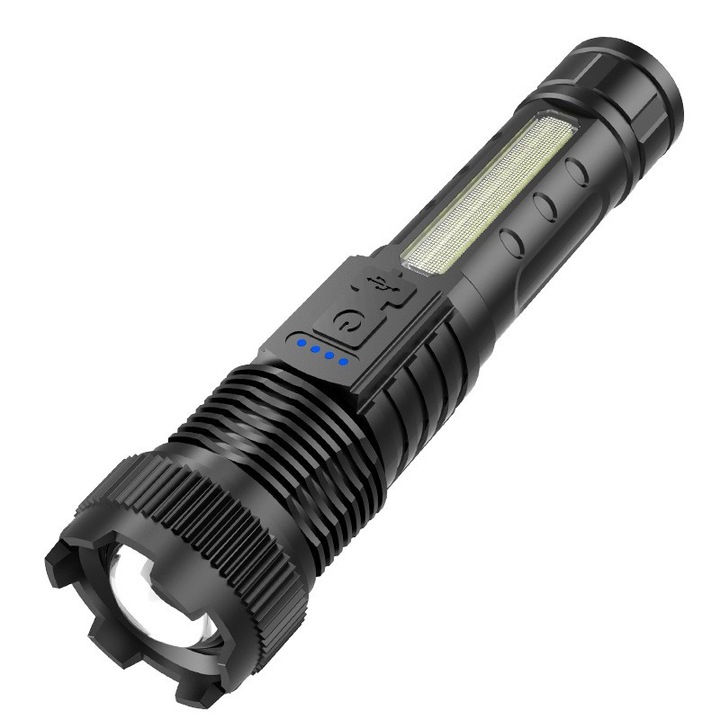 Телескопичен LED фенер, USB зареждане, обхват 200 м, 100 W, 2 източника на светлина, 1200 mAh, модел P50, 16 x 3.8 x 3 см, черен