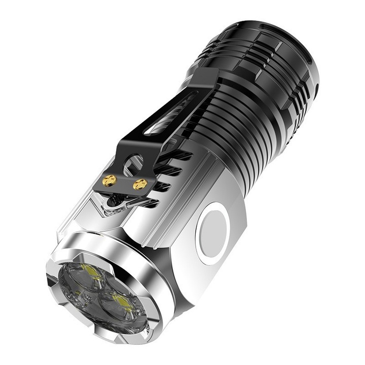 Фенер с 3 Led ядра, Flippy, USB зареждане, автономност 4-20h, максимален обхват 100-200 m, 5W, 4 x 4 x 9 cm, скоба за окачване, магнитно дъно, сребрист