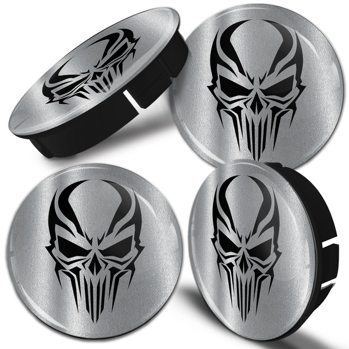 Set capace roti, SkinoEu, diametru exterior 60 mm, diametru interior 56 mm, pentru jante din aliaj, universale, negru/argintiu, craniu, C 58, 4 buc.